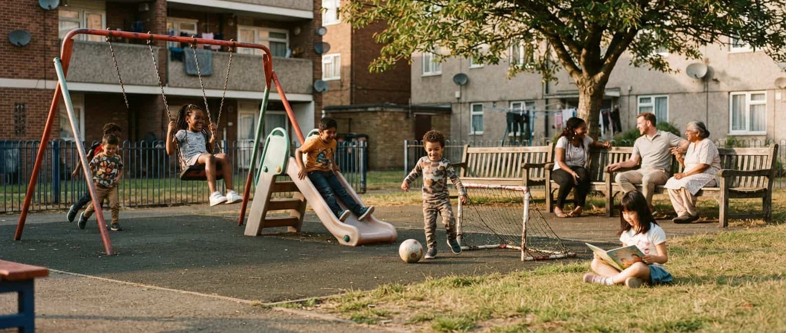 Children and neighbours sharing a welcoming community space