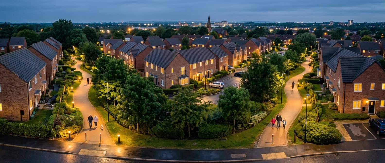 A neighbourhood of homes and gardens at dusk